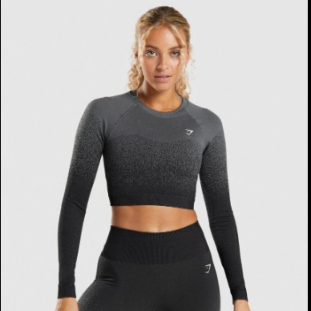 Gymshark Adapt Ombre Seamless Long Sleeve Crop Top Black Grey Women's S